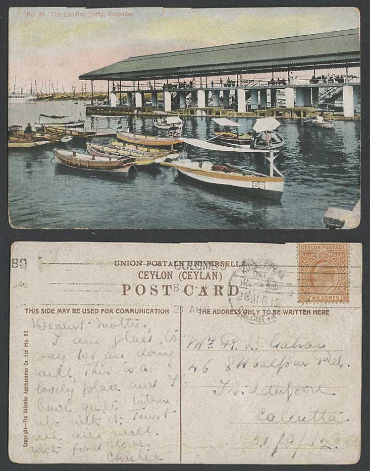 Ceylon KE7 2c 1912 Old Postcard Landing Jetty, Colombo, Native Boats Canoes Pier