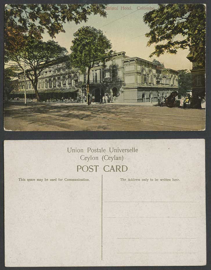 Ceylon Old Colour Postcard Bristol Hotel Colombo, Street Scene Tramlines, Ceylan