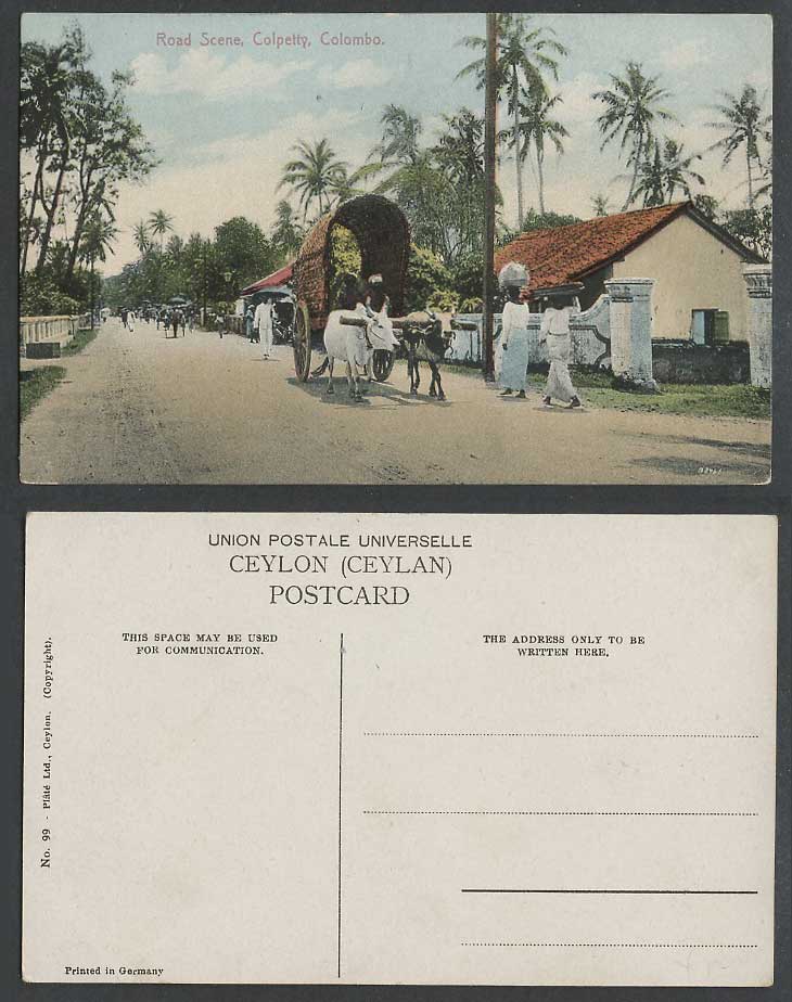 Ceylon Old Colour Postcard Road Scene Colpetty Colombo Double Bullock Cart Palms