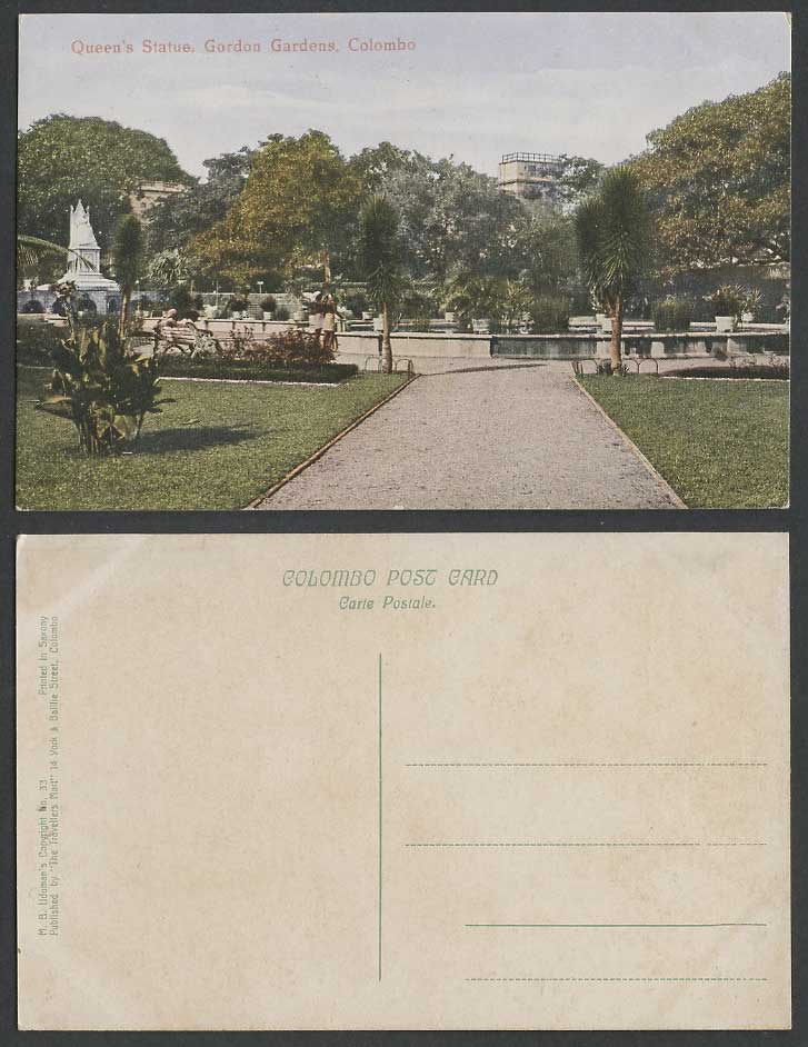 Ceylon Old Colour Postcard Queen Victoria Queen's Statue Gordon Gardens, Colombo