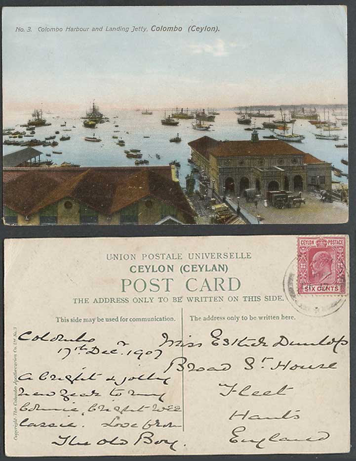 Ceylon KE7 6c 1907 Old Postcard Colombo Harbour Landing Jetty Boats Ship Harbour