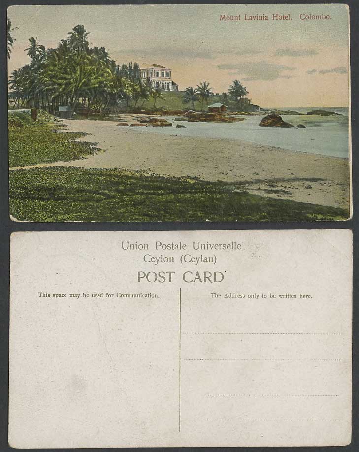 Ceylon Old Colour Postcard Mount Lavinia Hotel, Colombo, Beach Rocks, Palm Trees