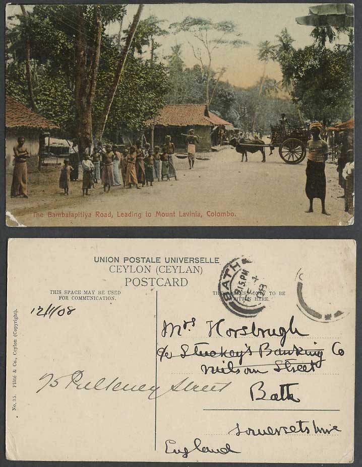 Ceylon 1908 Old Colour Postcard Bambalapitiya Road to Mount Lavinia Street Scene