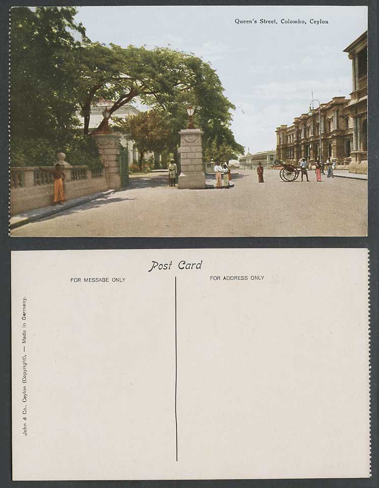 Ceylon Old Colour Postcard Queen's Street Scene, Colombo, Guard, Rickshaw Coolie