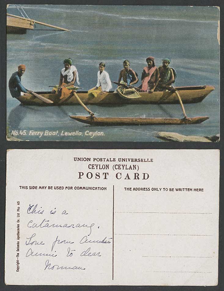 Ceylon Old Colour Postcard Ferry Boat Lewella Native Transport Canoe Men & Woman