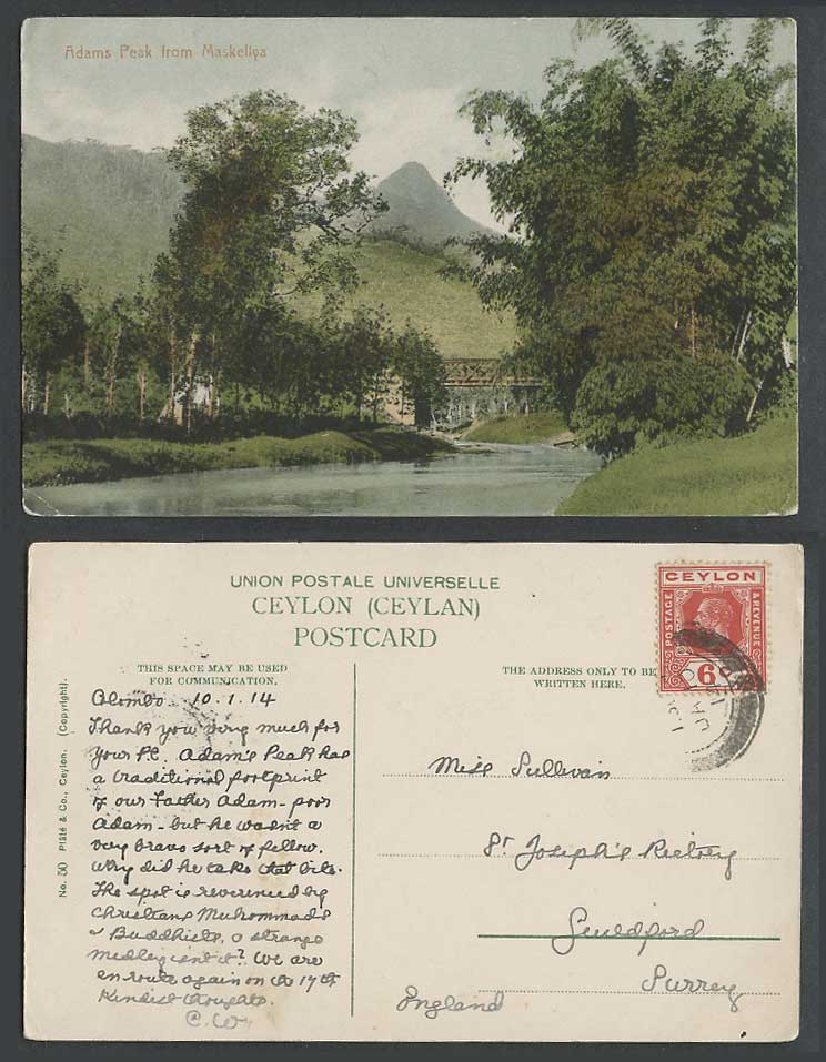 Ceylon KG5 6c 1914 Old Postcard Adams Peak from Maskeliya Bridge and River Scene