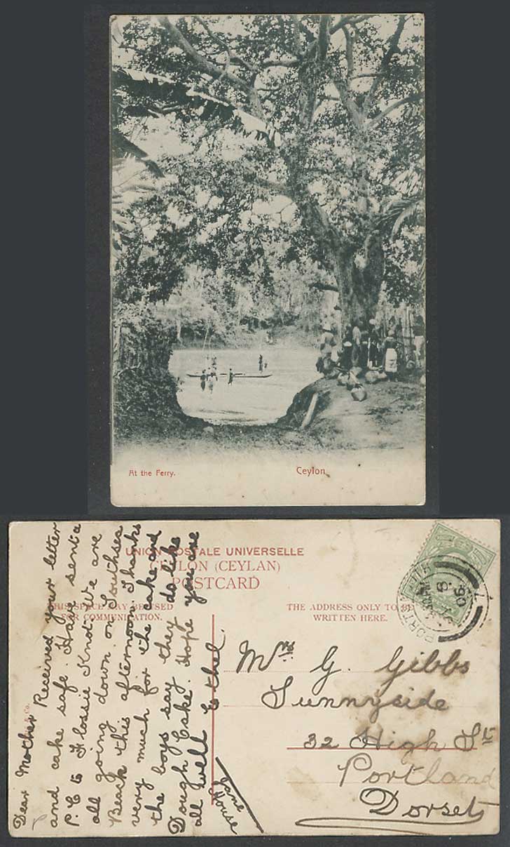 Ceylon GB KE7 1/2d 1906 Old Postcard At The Ferry Native Boats Canoes Quay Trees