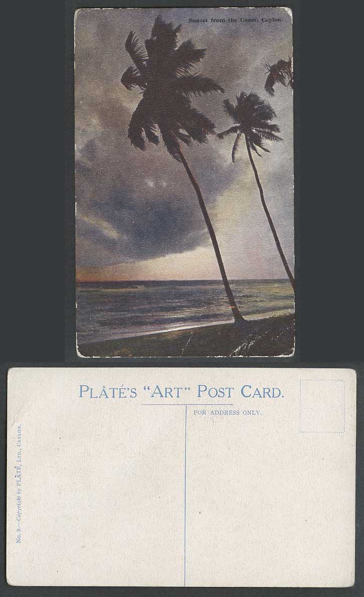 Ceylon Old Colour Postcard Sunset from the Coast Palm Trees Beach, Plate's ART 9