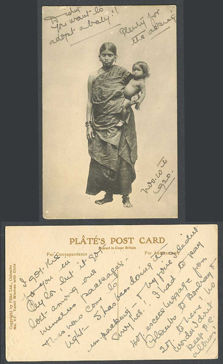 Ceylon 1920 Old Postcard Native Woman Lady Carrying a Baby Child Costumes, Plate