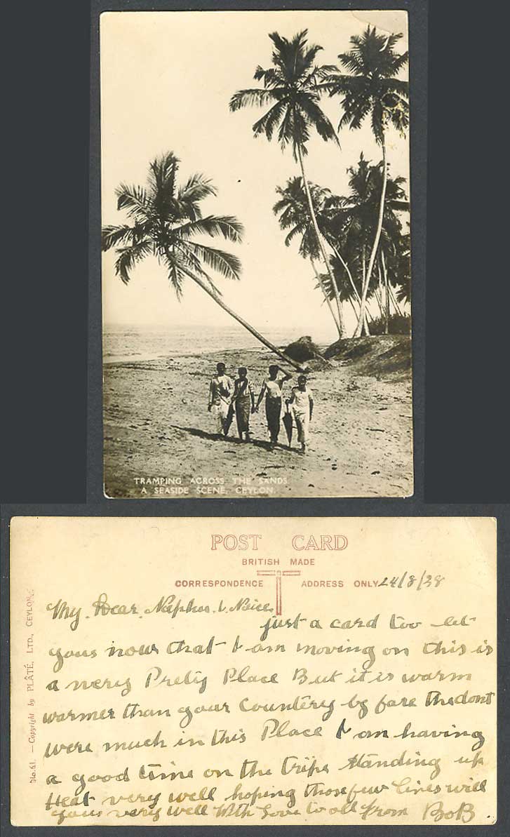 Ceylon 1938 Old Real Photo Postcard Tramping across The Sands Beach Seaside View