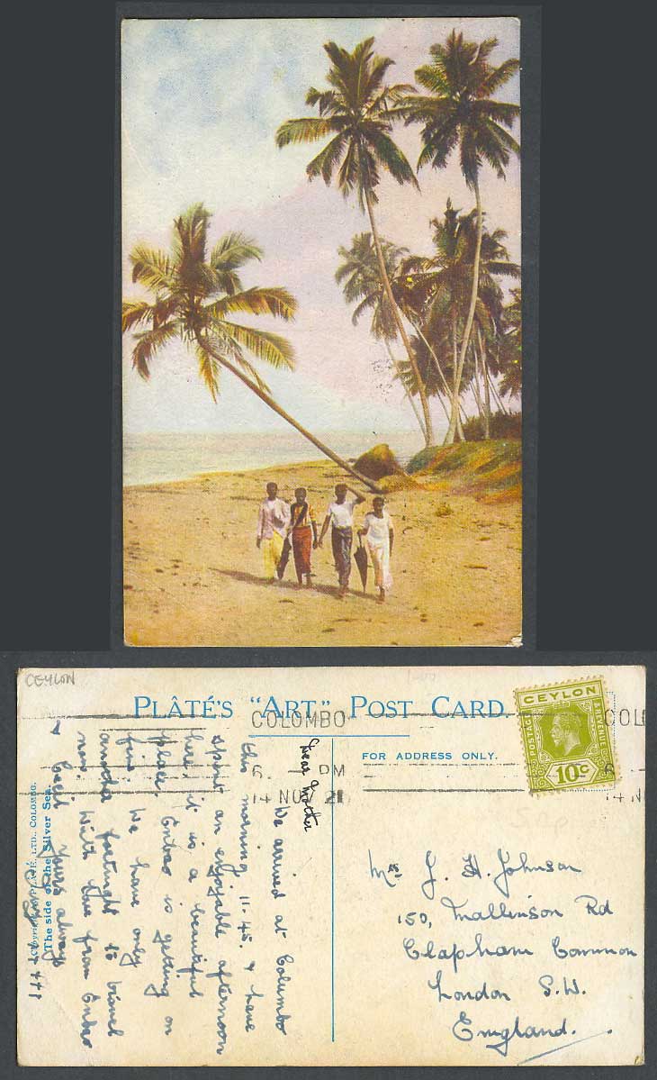 Ceylon KG5 10c 1921 Old Color Postcard The Side of Silver Sea Palm Trees Colombo