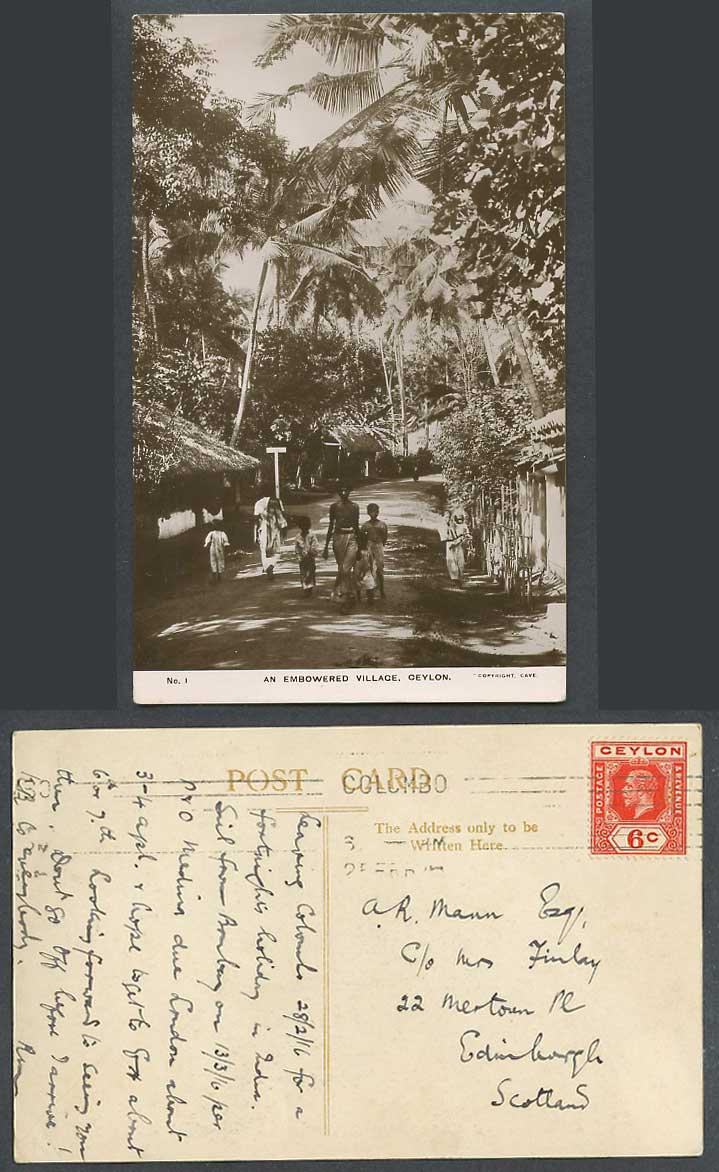 Ceylon KG5 6c 1916 Old Postcard An Embowered Village Street Scene Palm Tree Boys