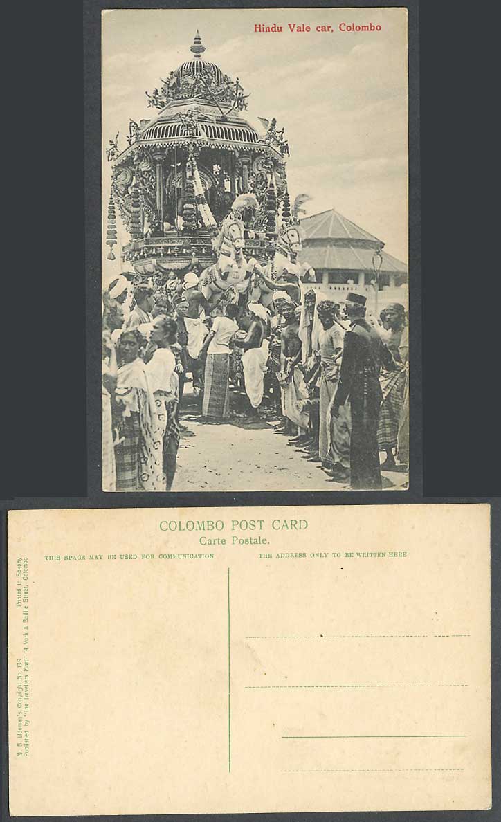 Ceylon Old Postcard Hindu Vale Car Colombo, Festival, Horse Native Men and Women