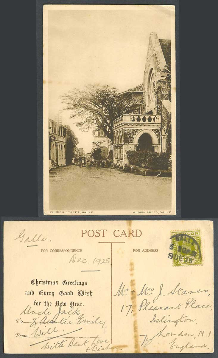 Ceylon KG5 10c 1925 Old Postcard Galle Church Street Albion Press Christmas Xmas