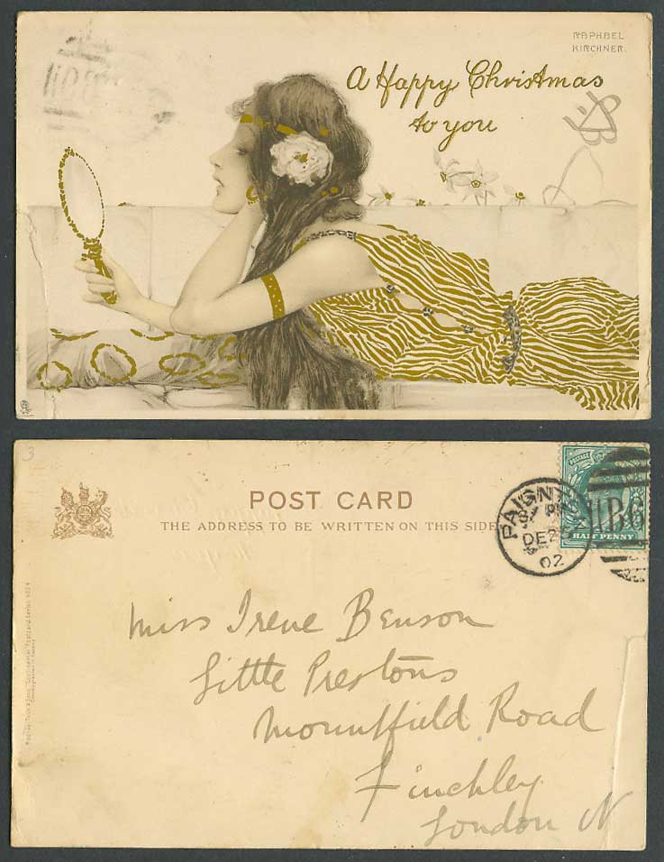 Raphael Kirchner 1902 Old Tuck's Postcard Glamour Lady Mirror, A Happy Christmas