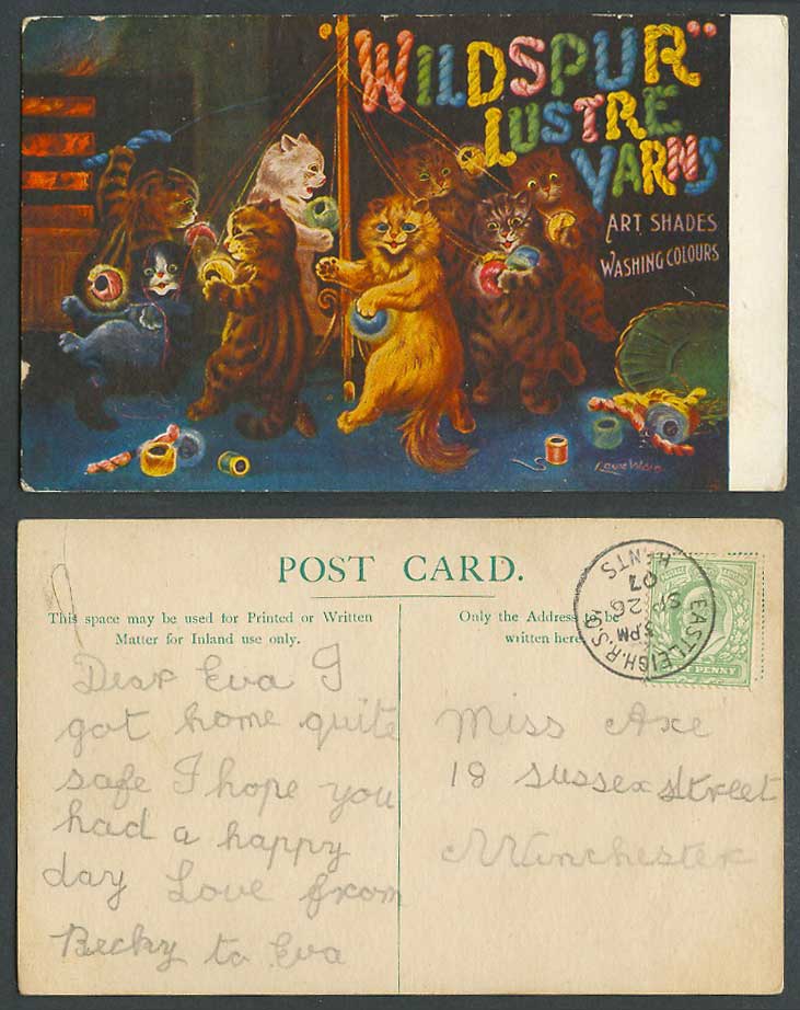 Louis Wain Signed Cats, Windspur Lustre Yarns, Art Shades Wash 1907 Old Postcard