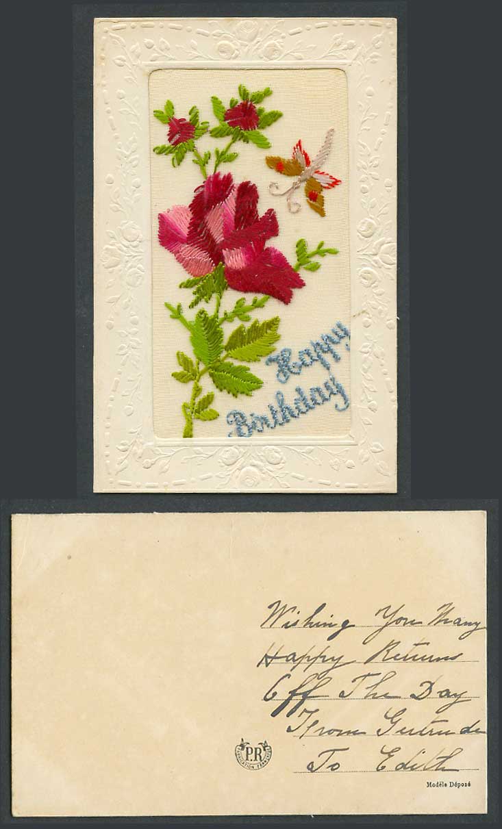 WW1 SILK Embroidered Old Postcard Happy Birthday Butterfly Rose Flower Greetings