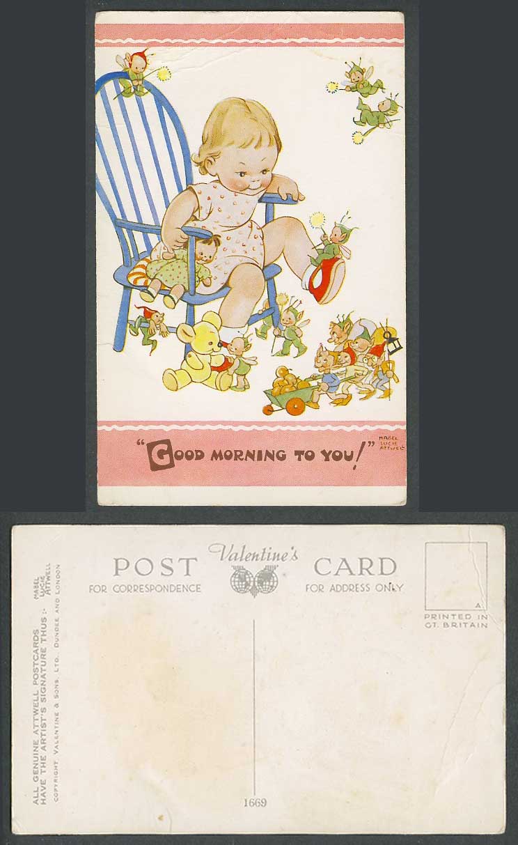 MABEL LUCIE ATTWELL Old Postcard Teddy Bear Fairy Elves Good Morning To You 1669