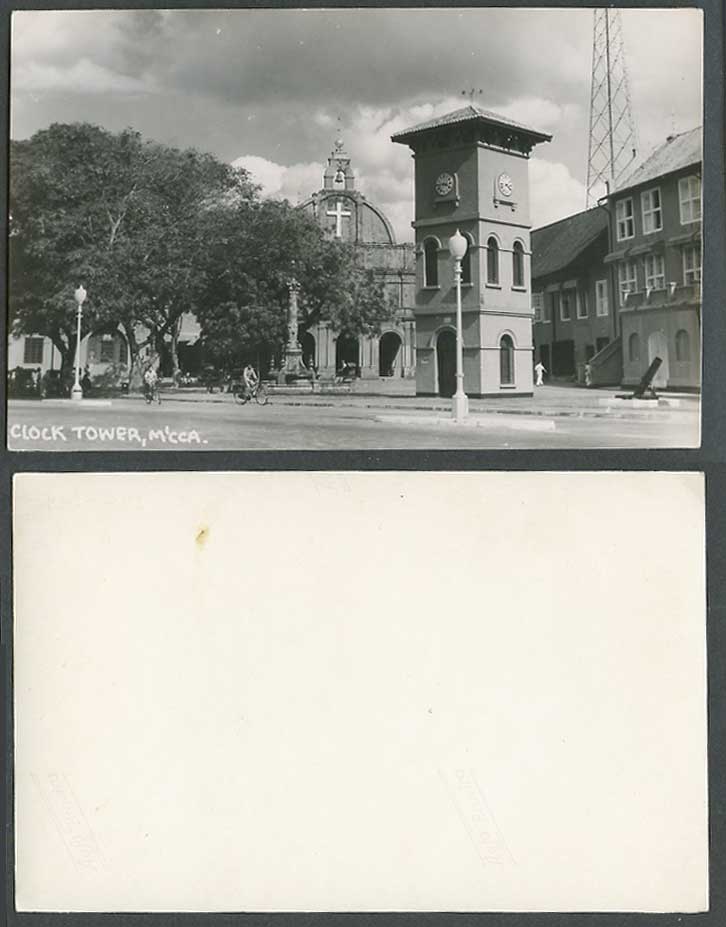 MALACCA Stadthuys Clock Tower Street Bell Church Cyclist Old Real Photo Postcard