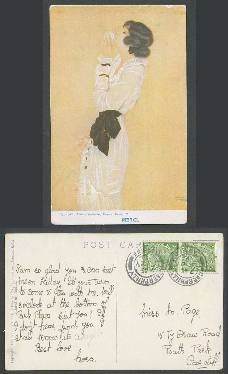 Raphael Kirchner GB KG5 1/2d x2 1919 Old Postcard Merci, Glamour Lady Woman Girl