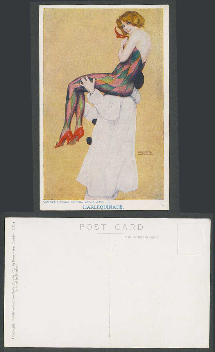 Raphael Kirchner Old Postcard Harlequinade Clown carries Glamour Woman Lady Girl