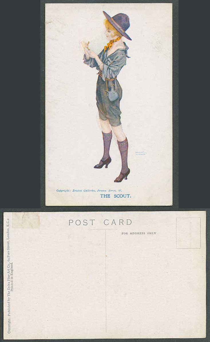 Raphael Kirchner Old Postcard The Scout, Girl Guide with Water Bottle, Hat Scarf