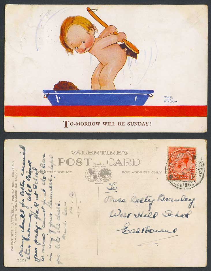 MABEL LUCIE ATTWELL Old Postcard Tomorrow will be Sunday Girl Brushing Body 2425