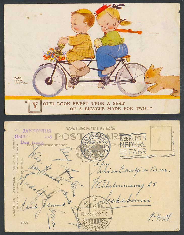 MABEL LUCIE ATTWELL 1932 Old Postcard TANDEM Bicycle Made For Two Dog Puppy 1901