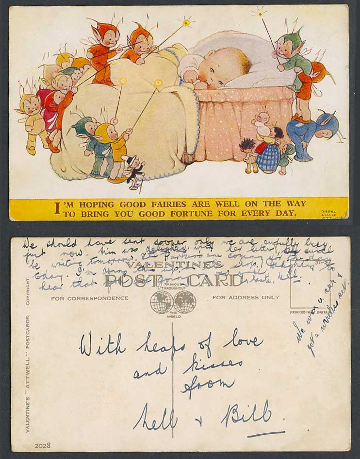 MABEL LUCIE ATTWELL Old Postcard Elves, Good Fairies Bring You Good Fortune 2028