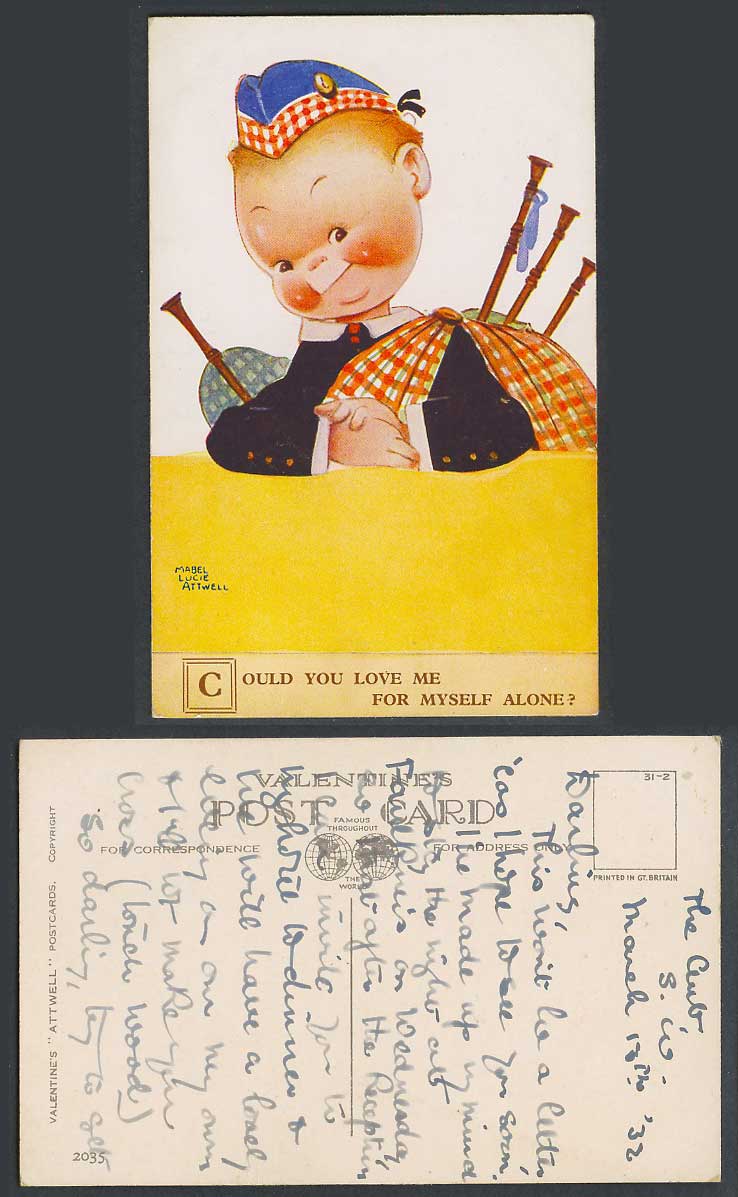 MABEL LUCIE ATTWELL 1932 Old Postcard Scottish Boy Love Me For Myself Alone 2035