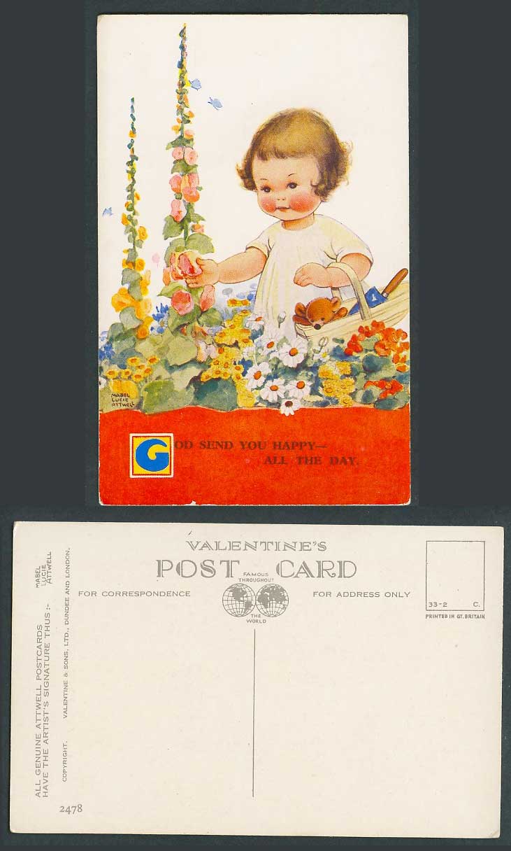 MABEL LUCIE ATTWELL Old Postcard God Send You Happy Teddy Bear Flowers 2478