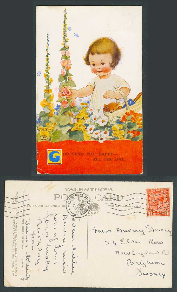 MABEL LUCIE ATTWELL 1934 Old Postcard God Send You Happy All Day Teddy Bear 2478