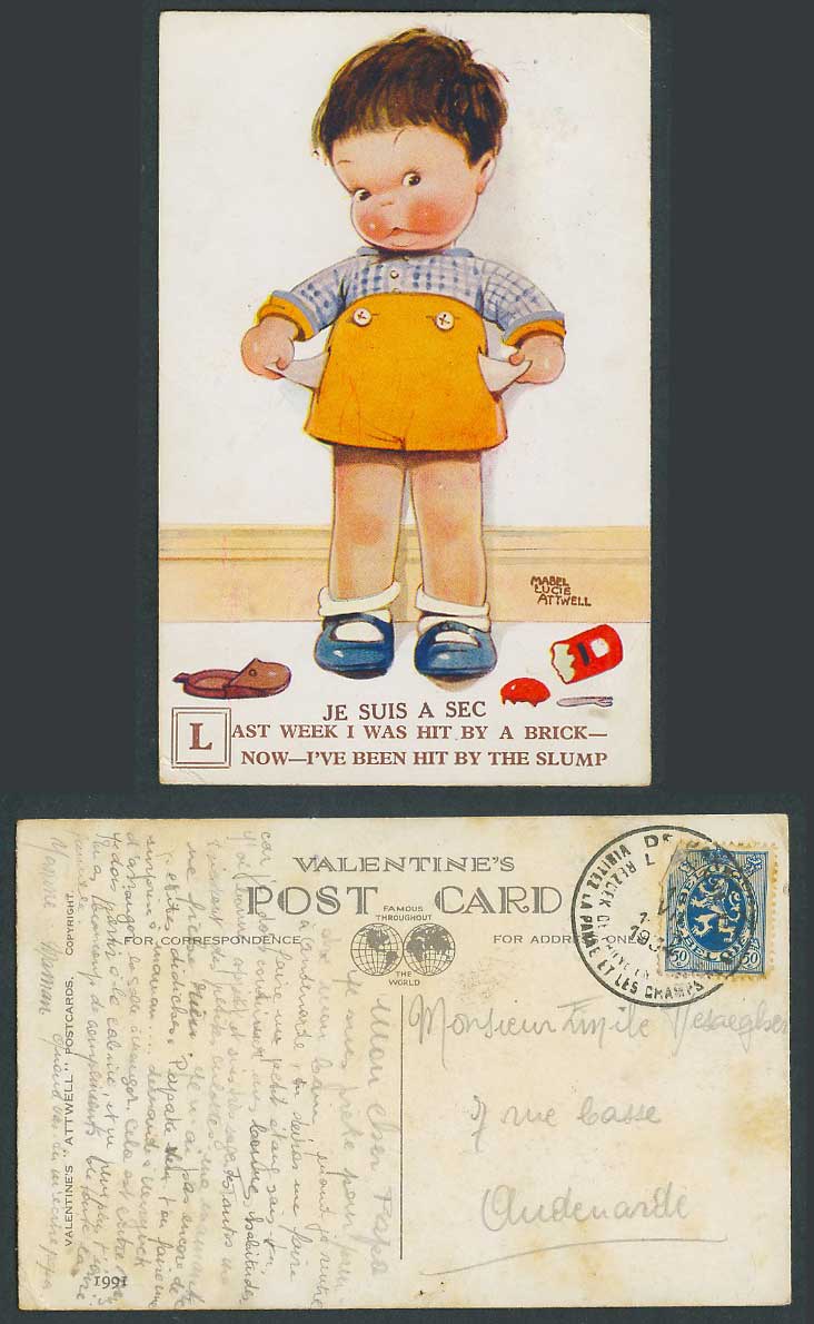 MABEL LUCIE ATTWELL Belgium 50c 1934 Old Postcard I Was Hit by Brick, Slump 1991