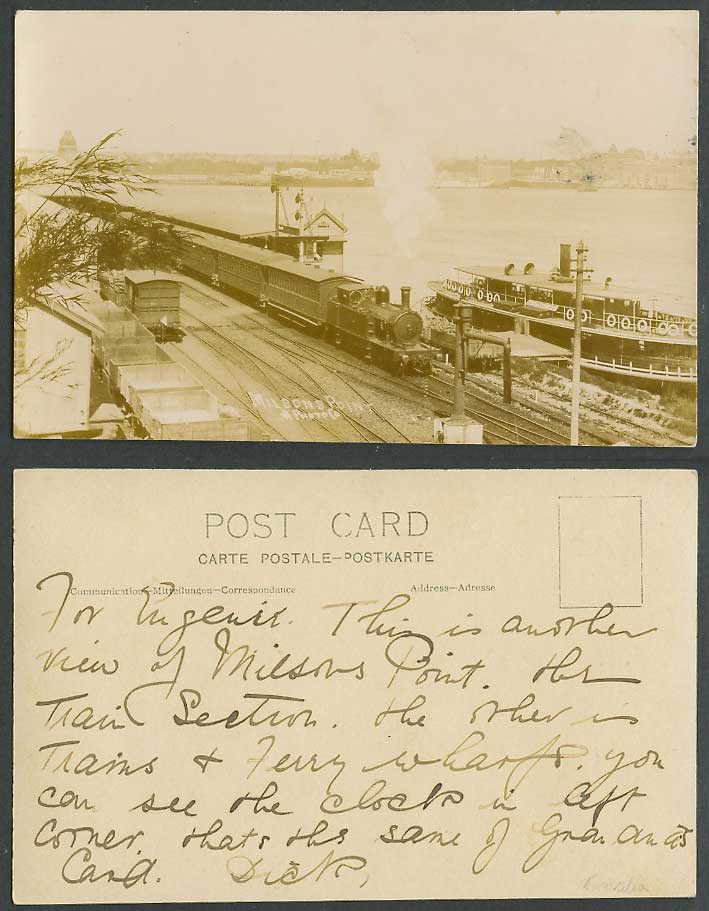 Australia Old Real Photo Postcard Milsons Point Locomotive Train Quay Ferry Boat