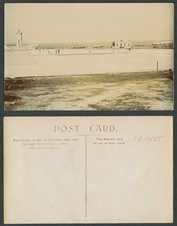 Malta Old Real Photo Postcard St. Andrews Bks. Barracks Cricket Game Clock Tower