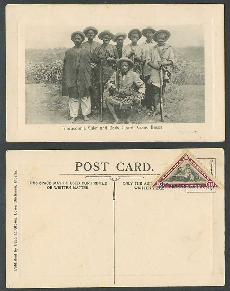 Liberia 3c on 10c Inland Old Postcard Grand Bassa, Tobraconnie Chief & Bodyguard