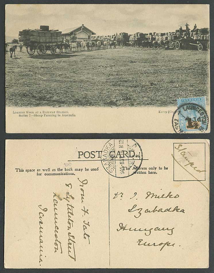 Australia Tasmania QV 1 1/2d on 5d 1905 Postcard Loading Wool at Railway Station
