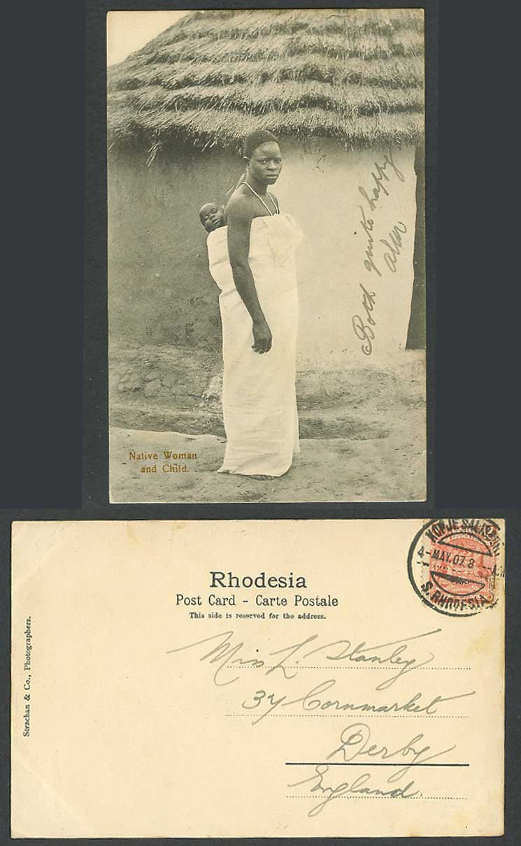 Rhodesia British South Africa 1d Kopje 1907 Old Postcard Native Woman Child, Hut