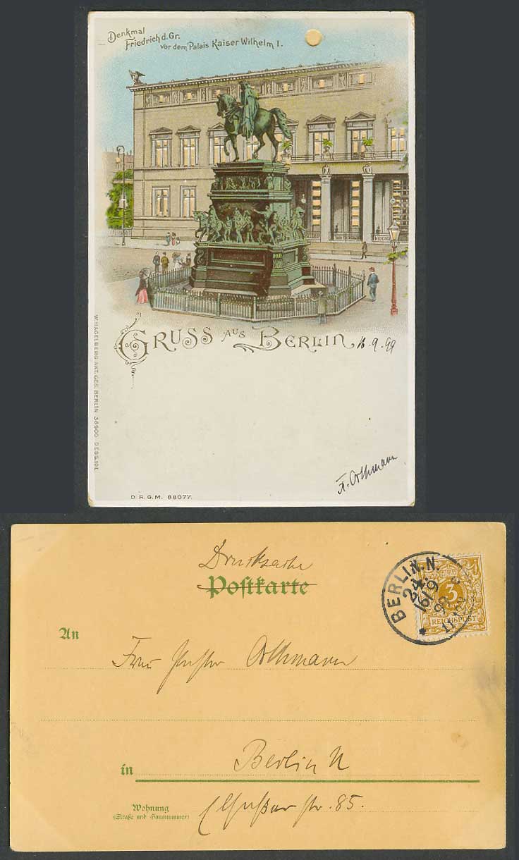 Hold To The Light Gruss aus Berlin 3pf 1899 Old Postcard Palais Kaiser Wilhelm I
