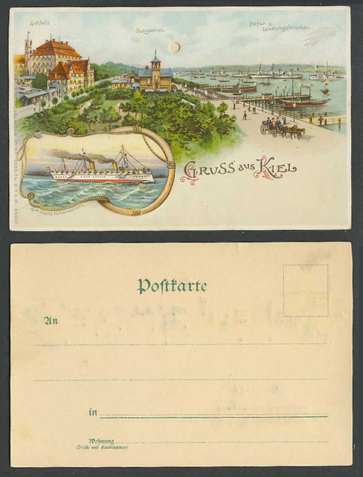 Hold To The Light Gruss aus Kiel c.1899 Old U.B. Postcard Castle Harbour Steamer