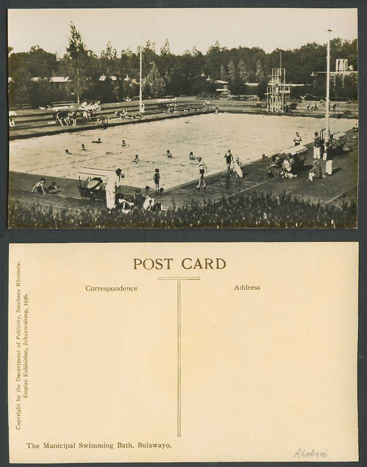 Rhodesia Br Empire Exhibition 1936 Old Postcard Bulawayo Municipal Swimming Bath