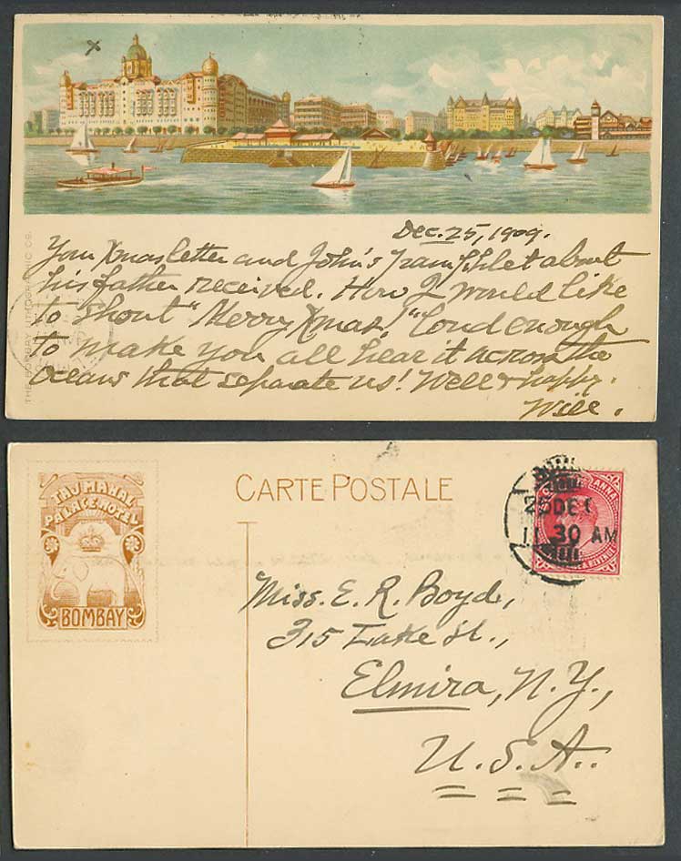 India KE7 1a 1909 Old Postcard Taj Mahal Palace Hotel Elephant Yachts Boats
