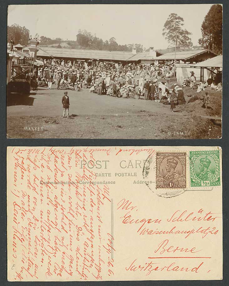 Pakistan India KG5 1/2a 1a 1926 Old Real Photo Postcard Native Market Scene MJAM