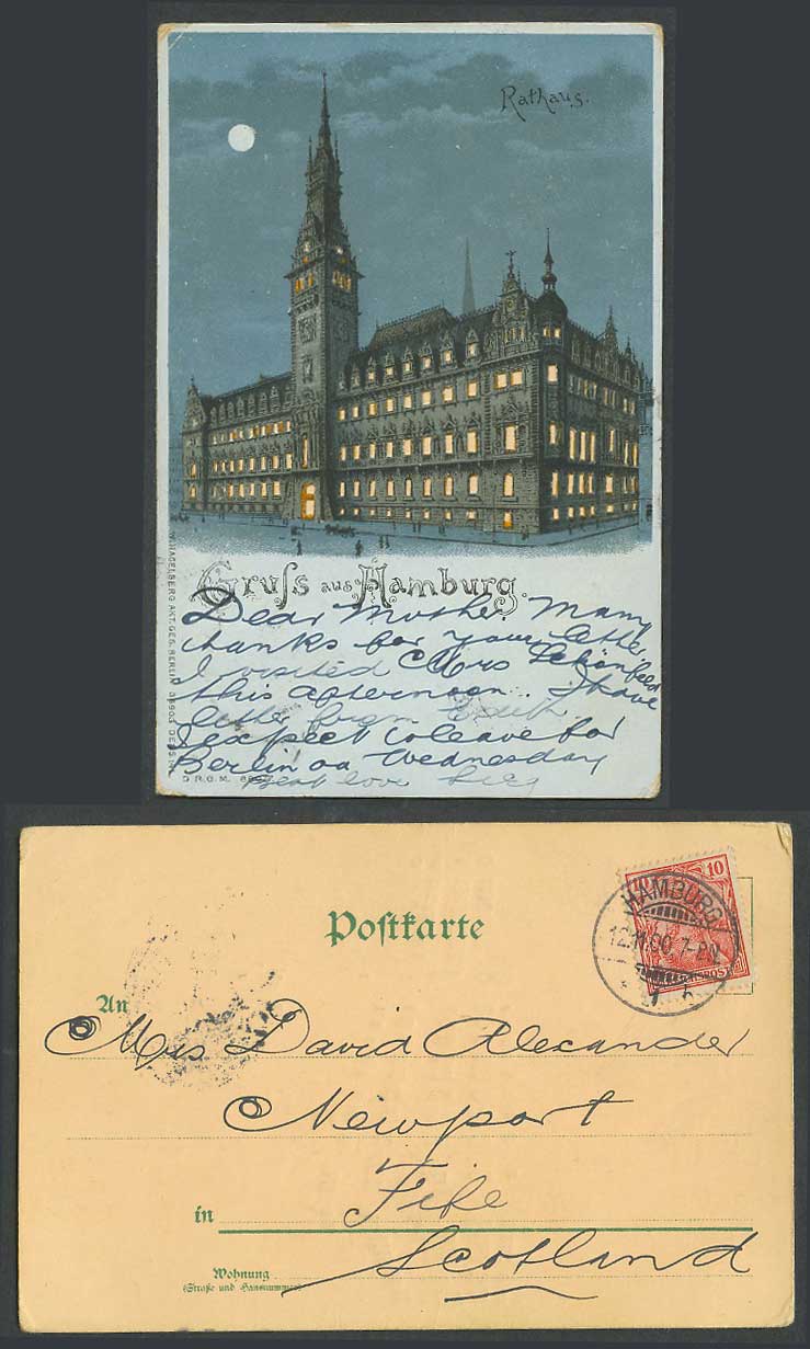 Hold To The Light, Gruss aus Mamburg 1900 Old UB Postcard Rathaus Town Hall Moon