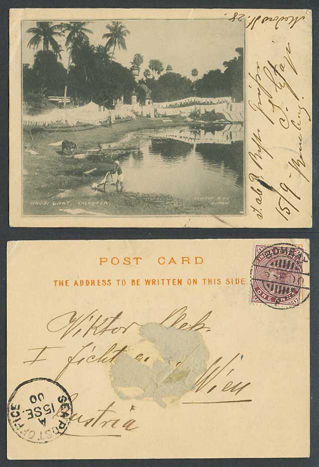 India Court Size QV 1a Sea PO 1900 Old UB Postcard Dhobi Ghat Calcutta Washerman