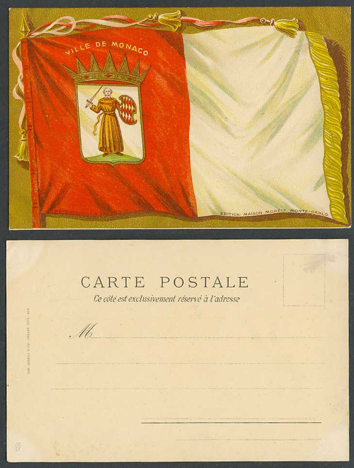 Monaco Ville de Monaco Flag, Crown Priest Sword Old U.B. Postcard Undivided Back