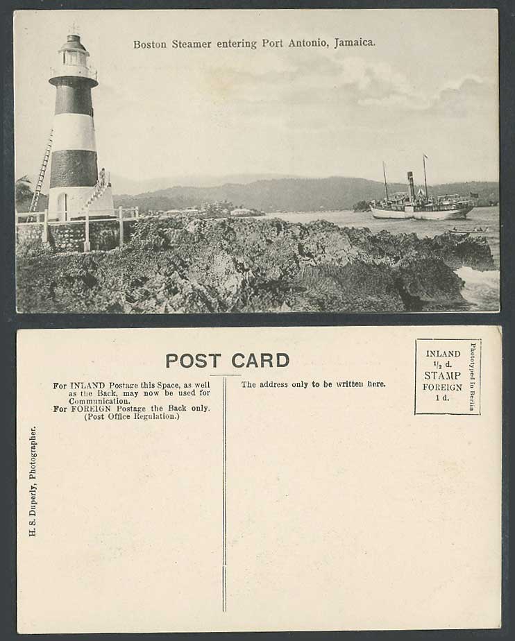 Jamaica Old Postcard Boston Steamer entering Port Antonio, Lighthouse Steam Ship