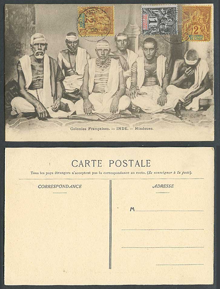 India French Colonies 1c 2c 1908 Old Postcard Tilaka Painted Forehead, Hindu Men