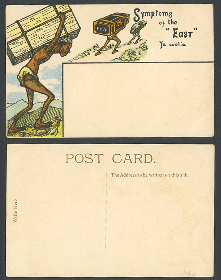 India MCR Artist Signed Old Postcard Symptom of The East Ye Coolie, FCA Case Box