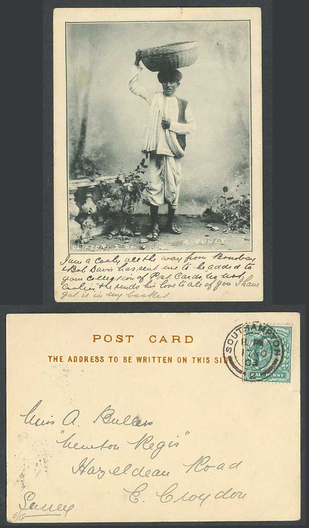 India Court Size GB KE7 1/2d 1903 Old UB Postcard A Cooly Coolie Basket Costumes